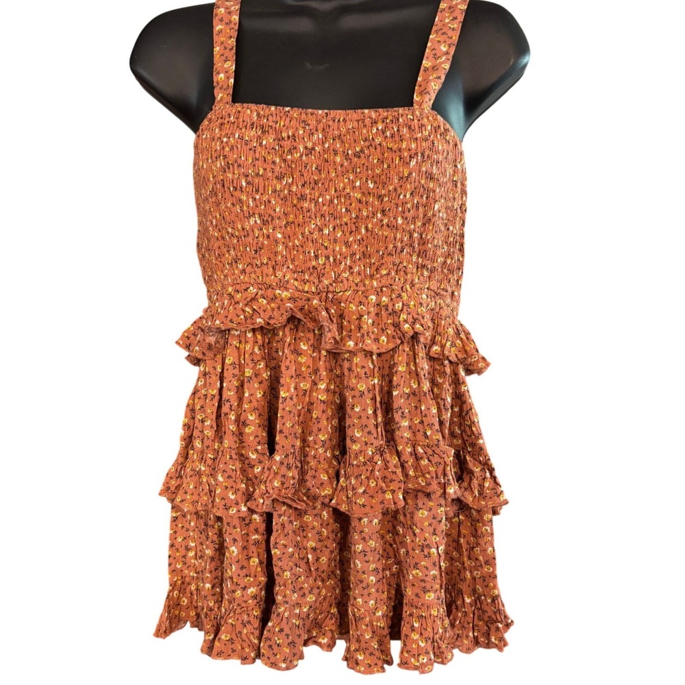 Easel Los Angeles Boho Floral Smocked Tiered Ruffle Top Rust Orange Small